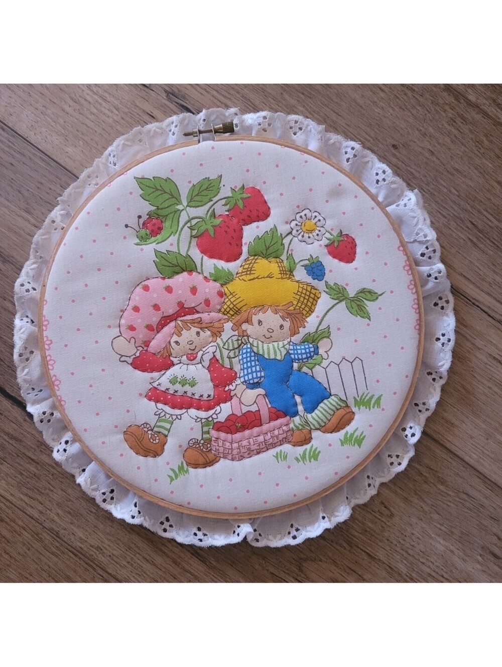 Vintage 1980s Strawberry Shortcake Quilted Framed Wooden Embroidery Hoop